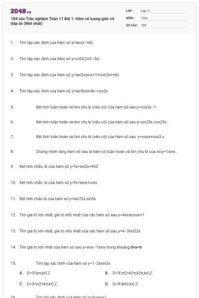 184 câu Trắc nghiệm Toán 11 Bài 1: Hàm số lượng giác có đáp án (Mới nhất)