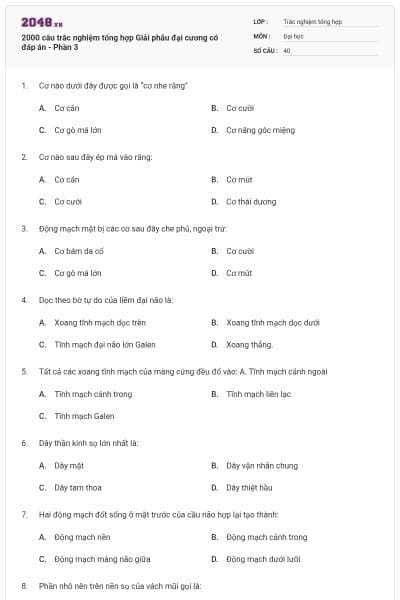 2000 câu trắc nghiệm tổng hợp Giải phẫu đại cương có đáp án - Phần 3