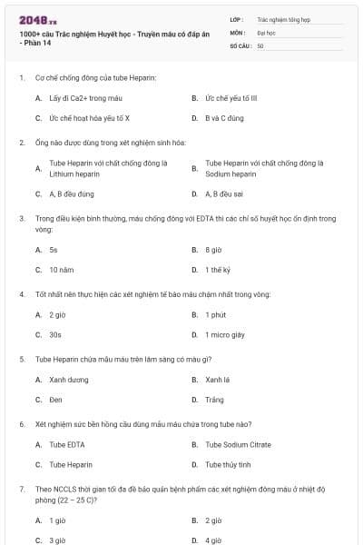 1000+ câu Trắc nghiệm Huyết học - Truyền máu có đáp án - Phần 14