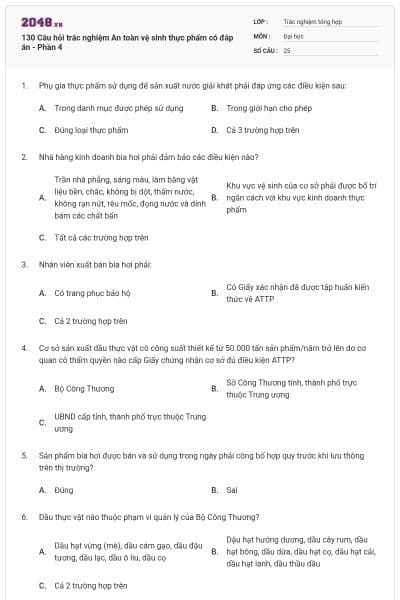 130 Câu hỏi trắc nghiệm An toàn vệ sinh thực phẩm có đáp án - Phần 4