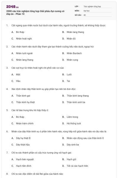 2000 câu trắc nghiệm tổng hợp Giải phẫu đại cương có đáp án - Phần 10