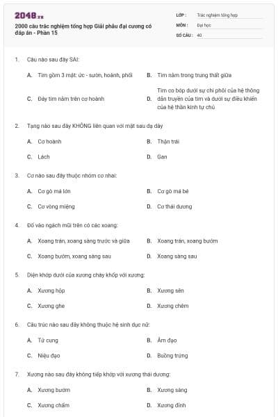 2000 câu trắc nghiệm tổng hợp Giải phẫu đại cương có đáp án - Phần 15