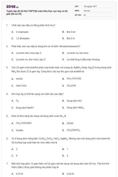 Tuyển tập đề thi thử THPTQG môn Hóa Học cực hay có lời giải (Đề số 29)