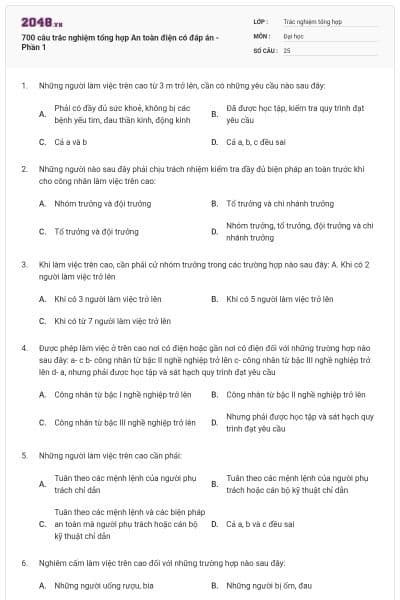 700 câu trắc nghiệm tổng hợp An toàn điện có đáp án - Phần 1