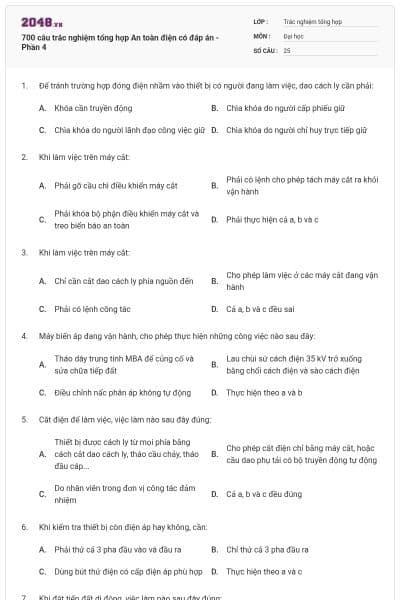 700 câu trắc nghiệm tổng hợp An toàn điện có đáp án - Phần 4