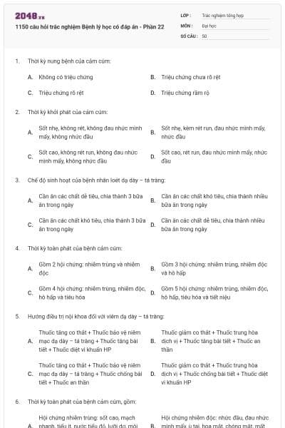 1150 câu hỏi trắc nghiệm Bệnh lý học có đáp án - Phần 22