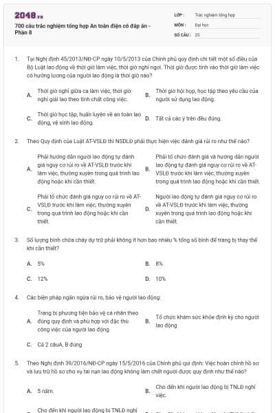 700 câu trắc nghiệm tổng hợp An toàn điện có đáp án - Phần 8