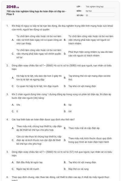 700 câu trắc nghiệm tổng hợp An toàn điện có đáp án - Phần 9