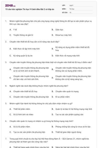 15 câu trắc nghiệm Tin học 9 Cánh diều Bài 2 có đáp án
