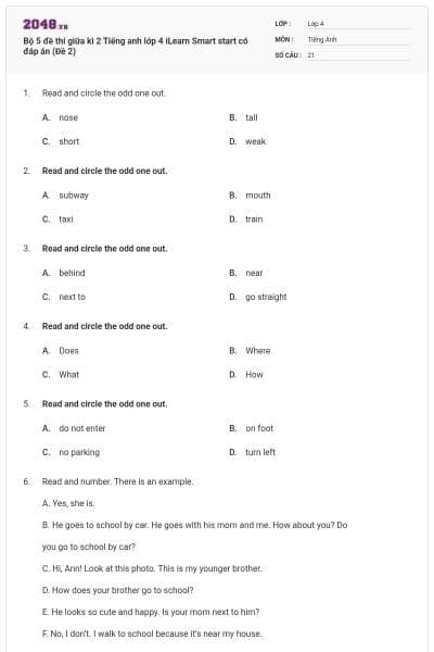 Bộ 5 đề thi giữa kì 2 Tiếng anh lớp 4 iLearn Smart start có đáp án (Đề 2)