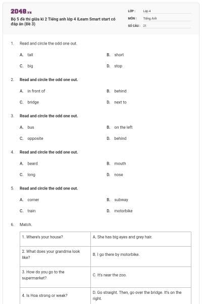 Bộ 5 đề thi giữa kì 2 Tiếng anh lớp 4 iLearn Smart start có đáp án (Đề 3)