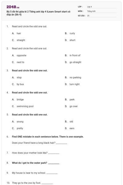 Bộ 5 đề thi giữa kì 2 Tiếng anh lớp 4 iLearn Smart start có đáp án (Đề 4)