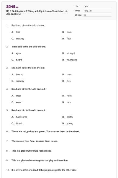 Bộ 5 đề thi giữa kì 2 Tiếng anh lớp 4 iLearn Smart start có đáp án (Đề 5)