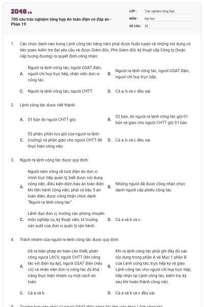 700 câu trắc nghiệm tổng hợp An toàn điện có đáp án - Phần 19