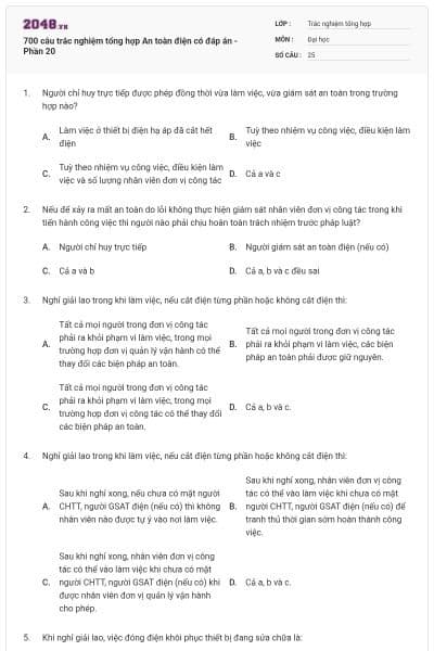 700 câu trắc nghiệm tổng hợp An toàn điện có đáp án - Phần 20