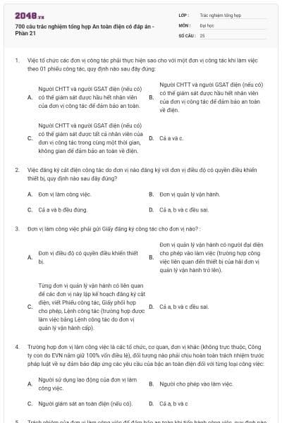 700 câu trắc nghiệm tổng hợp An toàn điện có đáp án - Phần 21