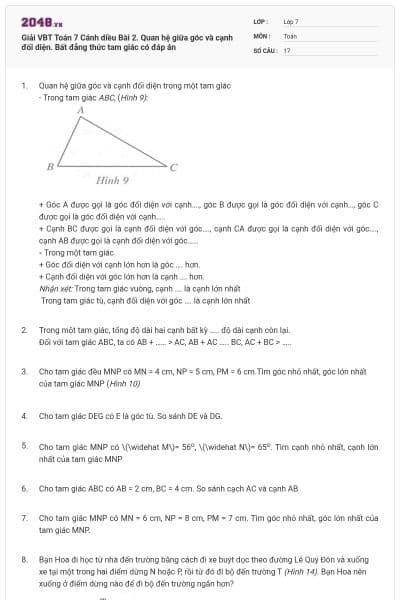 Giải VBT Toán 7 Cánh diều Bài 2. Quan hệ giữa góc và cạnh đối diện. Bất đẳng thức tam giác có đáp án