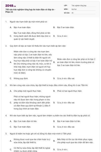 700 câu trắc nghiệm tổng hợp An toàn điện có đáp án - Phần 23