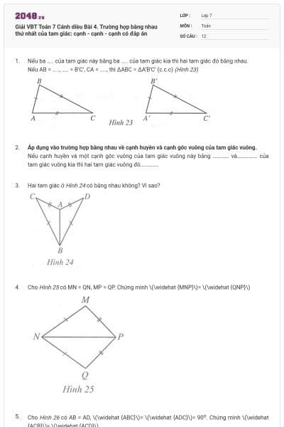 Giải VBT Toán 7 Cánh diều Bài 4. Trường hợp bằng nhau thứ nhất của tam giác: cạnh - cạnh - cạnh có đáp án