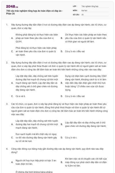 700 câu trắc nghiệm tổng hợp An toàn điện có đáp án - Phần 26