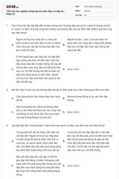 700 câu trắc nghiệm tổng hợp An toàn điện có đáp án - Phần 27
