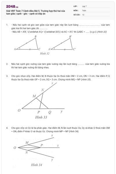 Giải VBT Toán 7 Cánh diều Bài 5. Trường hợp thứ hai của tam giác: cạnh - góc - cạnh có đáp án