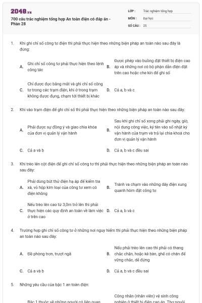 700 câu trắc nghiệm tổng hợp An toàn điện có đáp án - Phần 28