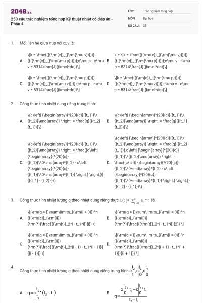 250 câu trắc nghiệm tổng hợp Kỹ thuật nhiệt có đáp án - Phần 4