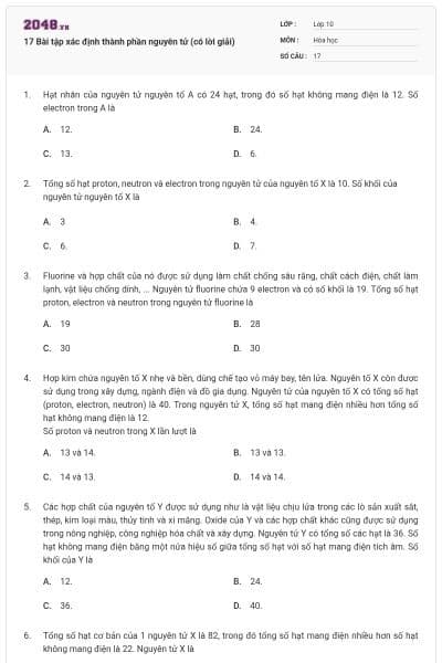 17 Bài tập xác định thành phần nguyên tử (có lời giải)