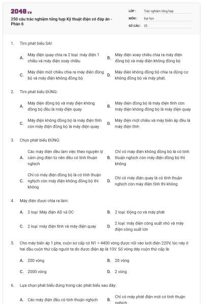 250 câu trắc nghiệm tổng hợp Kỹ thuật điện có đáp án - Phần 6