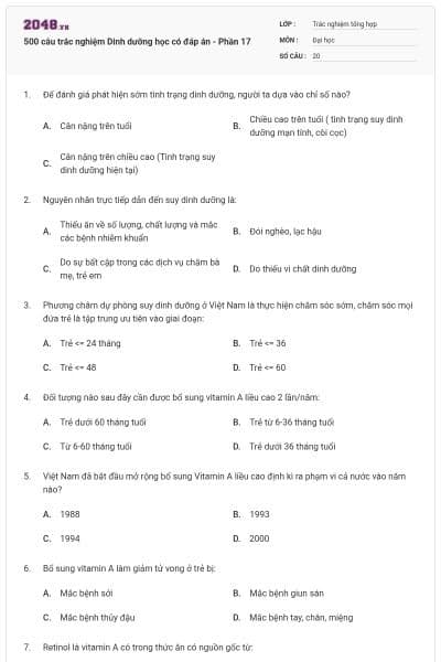 500 câu trắc nghiệm Dinh dưỡng học có đáp án - Phần 17
