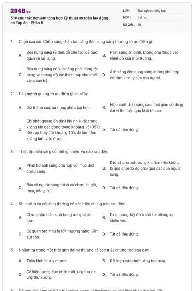 510 câu trắc nghiệm tổng hợp Kỹ thuật an toàn lao động có đáp án - Phần 6