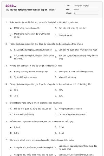 690 câu trắc nghiệm Ký sinh trùng có đáp án - Phần 7