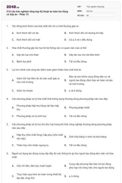 510 câu trắc nghiệm tổng hợp Kỹ thuật an toàn lao động có đáp án - Phần 15
