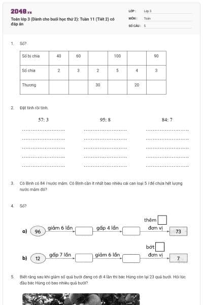 Toán lớp 3 (Dành cho buổi học thứ 2): Tuần 11 (Tiết 2) có đáp án