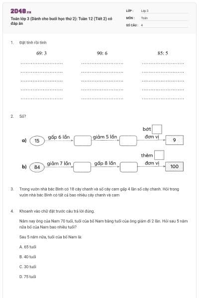 Toán lớp 3 (Dành cho buổi học thứ 2): Tuần 12 (Tiết 2) có đáp án