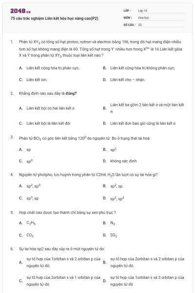 75 câu trắc nghiệm Liên kết hóa học nâng cao(P2)