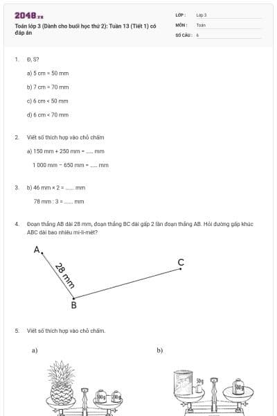 Toán lớp 3 (Dành cho buổi học thứ 2): Tuần 13 (Tiết 1) có đáp án