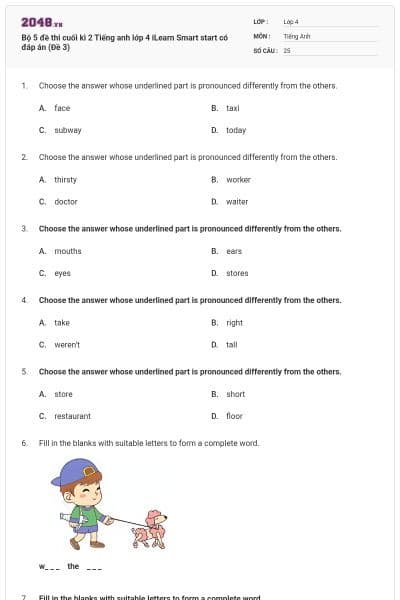 Bộ 5 đề thi cuối kì 2 Tiếng anh lớp 4 iLearn Smart start có đáp án (Đề 3)