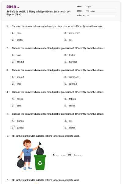Bộ 5 đề thi cuối kì 2 Tiếng anh lớp 4 iLearn Smart start có đáp án (Đề 4)