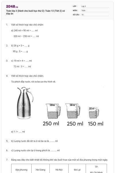 Toán lớp 3 (Dành cho buổi học thứ 2): Tuần 13 (Tiết 2) có đáp án