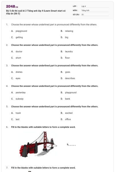 Bộ 5 đề thi cuối kì 2 Tiếng anh lớp 4 iLearn Smart start có đáp án (Đề 5)