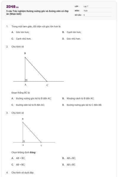 5 câu Trắc nghiệm Đường vuông góc và đường xiên có đáp án (Nhận biết)