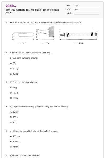 Toán lớp 3 (Dành cho buổi học thứ 2): Tuần 14(Tiết 1) có đáp án