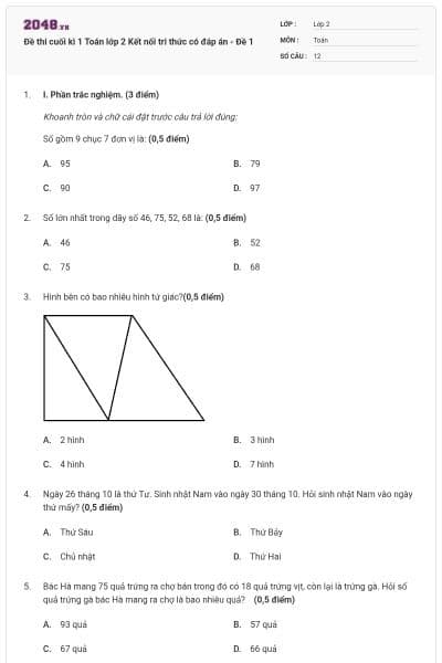 Đề thi cuối kì 1 Toán lớp 2 Kết nối tri thức có đáp án - Đề 1