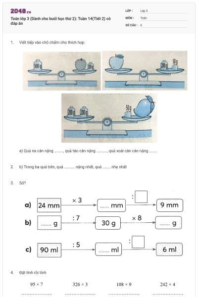 Toán lớp 3 (Dành cho buổi học thứ 2): Tuần 14(Tiết 2) có đáp án