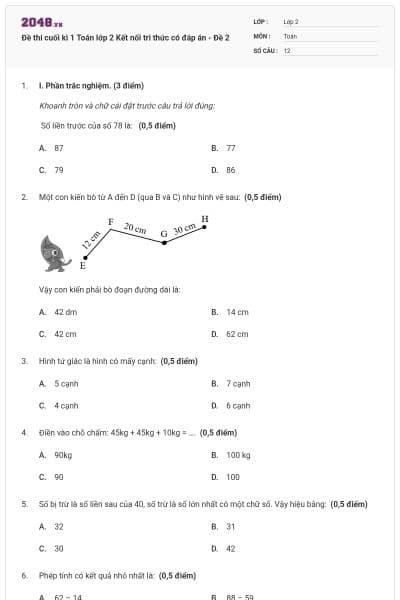 Đề thi cuối kì 1 Toán lớp 2 Kết nối tri thức có đáp án - Đề 2