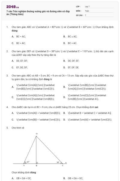 7 câu Trắc nghiệm Đường vuông góc và đường xiên có đáp án (Thông hiểu)