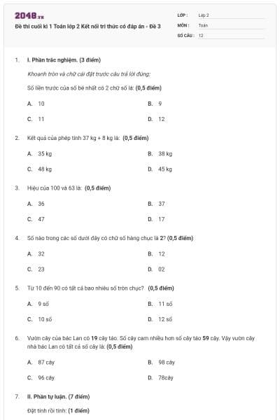 Đề thi cuối kì 1 Toán lớp 2 Kết nối tri thức có đáp án - Đề 3