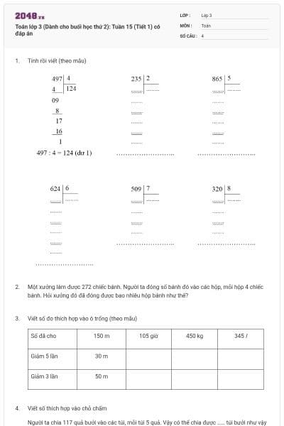 Toán lớp 3 (Dành cho buổi học thứ 2): Tuần 15 (Tiết 1) có đáp án